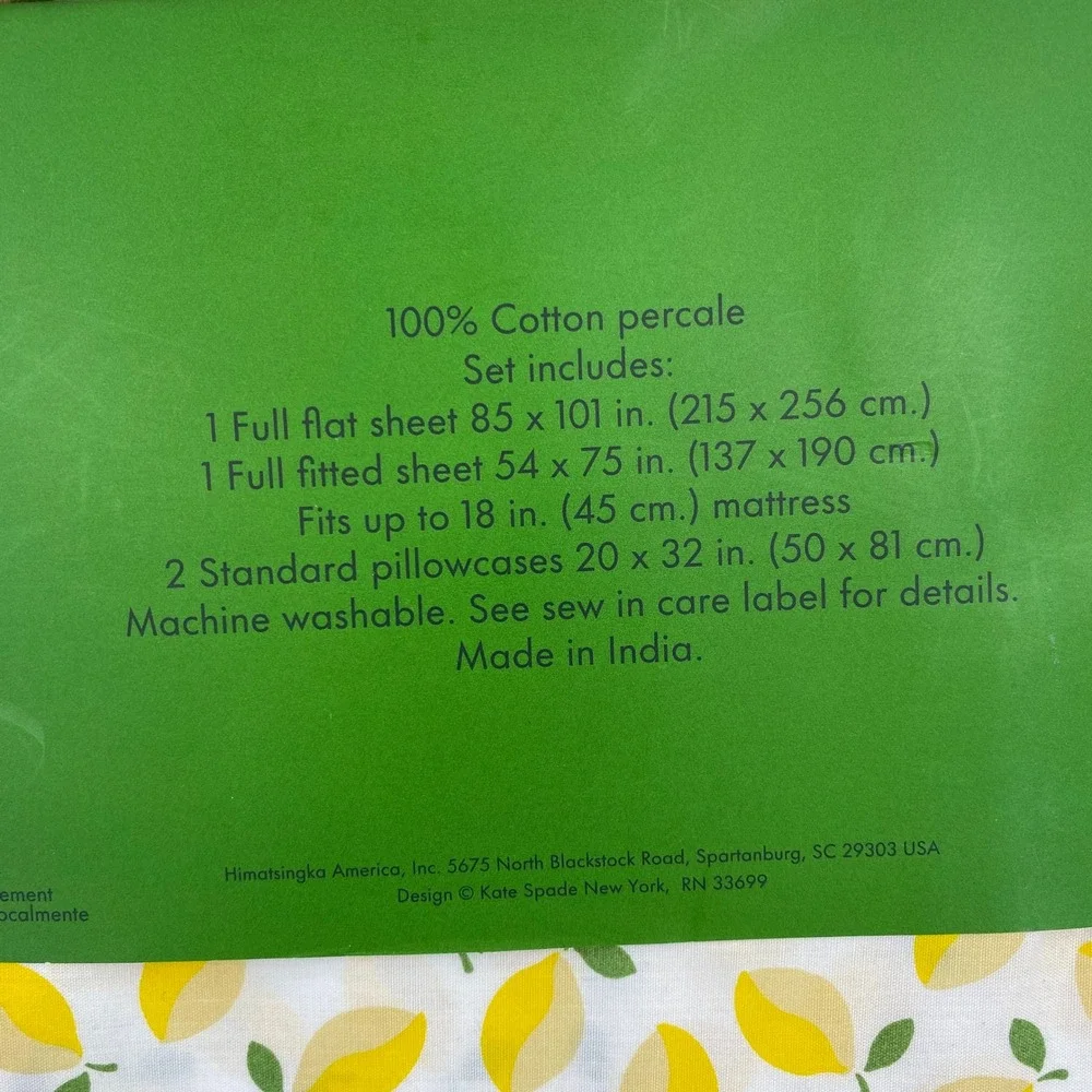Kate Spade Lemon Print Full Sheet Set White Yellow Cotton Percale Crisp Bright